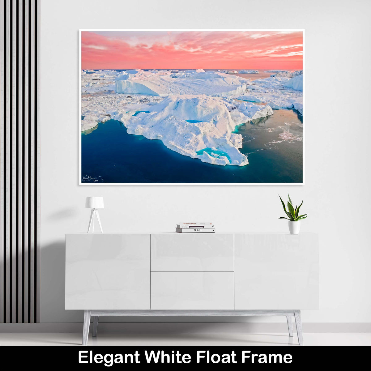 Blue-Winter-Luxury-Sunset-Pink-Wall-Art-Print-Iceberg-Blue-Lakes-Greenland-White-Float-Frame