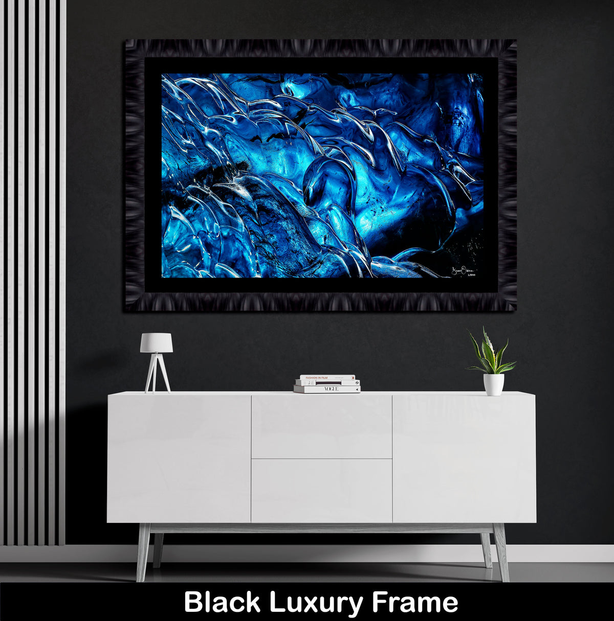 Blue Abstract Luxury Black Framed Wall Art Print Frozen Ice Forms Fine Art