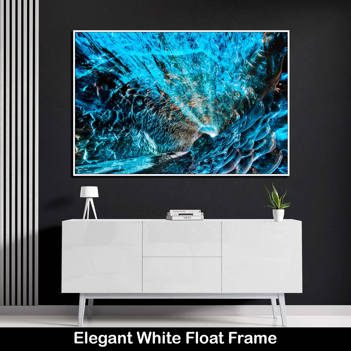Modern Float Frame Sun-Rays-Blue-Ice-Cave-Luxury-Framed-Wall-Art