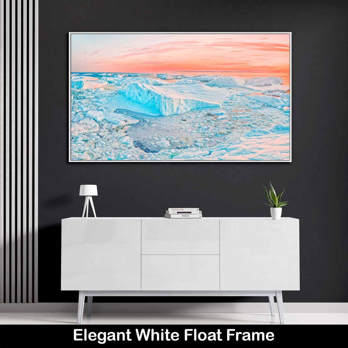 White-Winter-Landscape-Luxury-Wall-Art-Print-Sunset-Greenland-Icebergs-White-float-Frame
