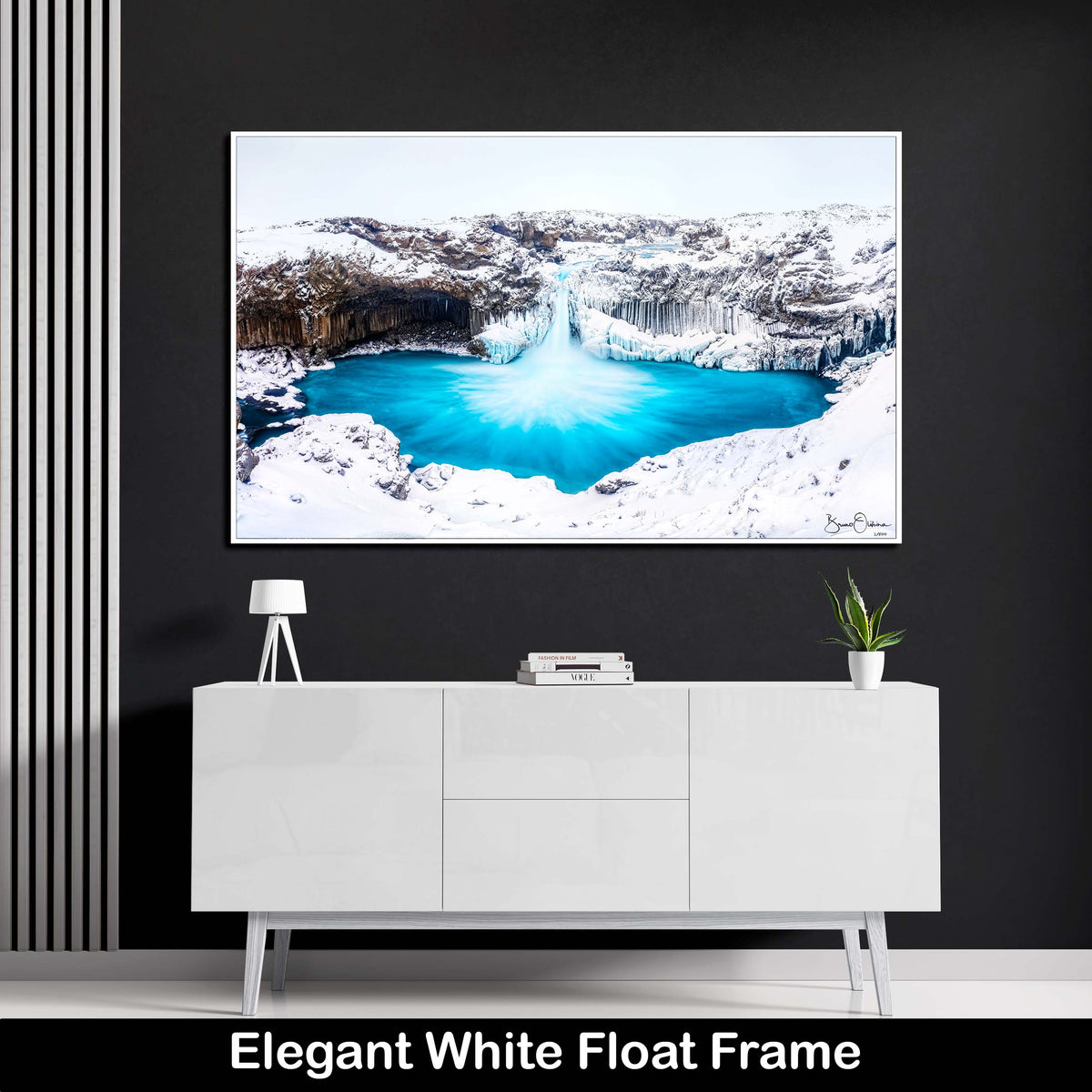 Winter-Blue-White-Float-Frame-Wall-Art-Print-Frozen-Waterfall-Iceland