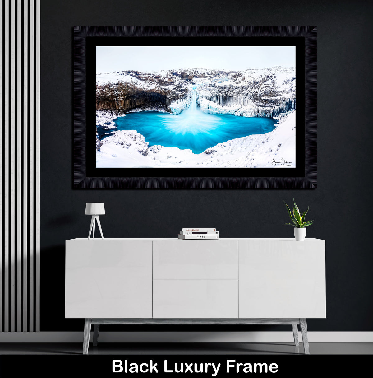 Winter Blue Frozen Waterfall Iceland Black Frame Wall Art Print
