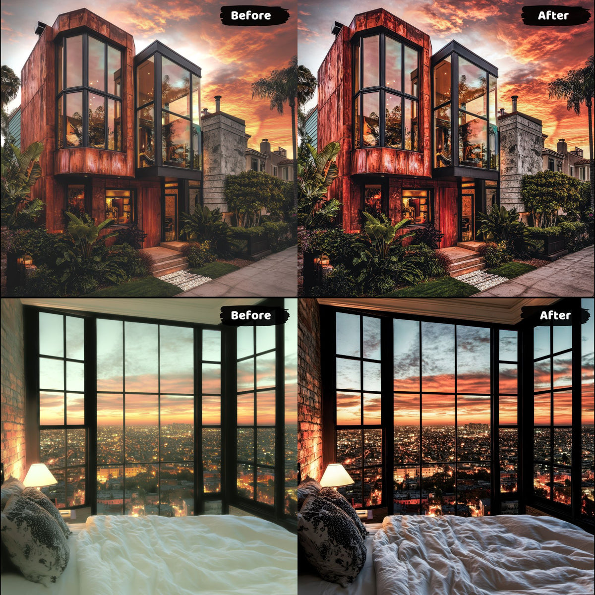 Before and after comparison showing the dramatic effect of real estate lightroom presets on a luxury home exterior and interior view.