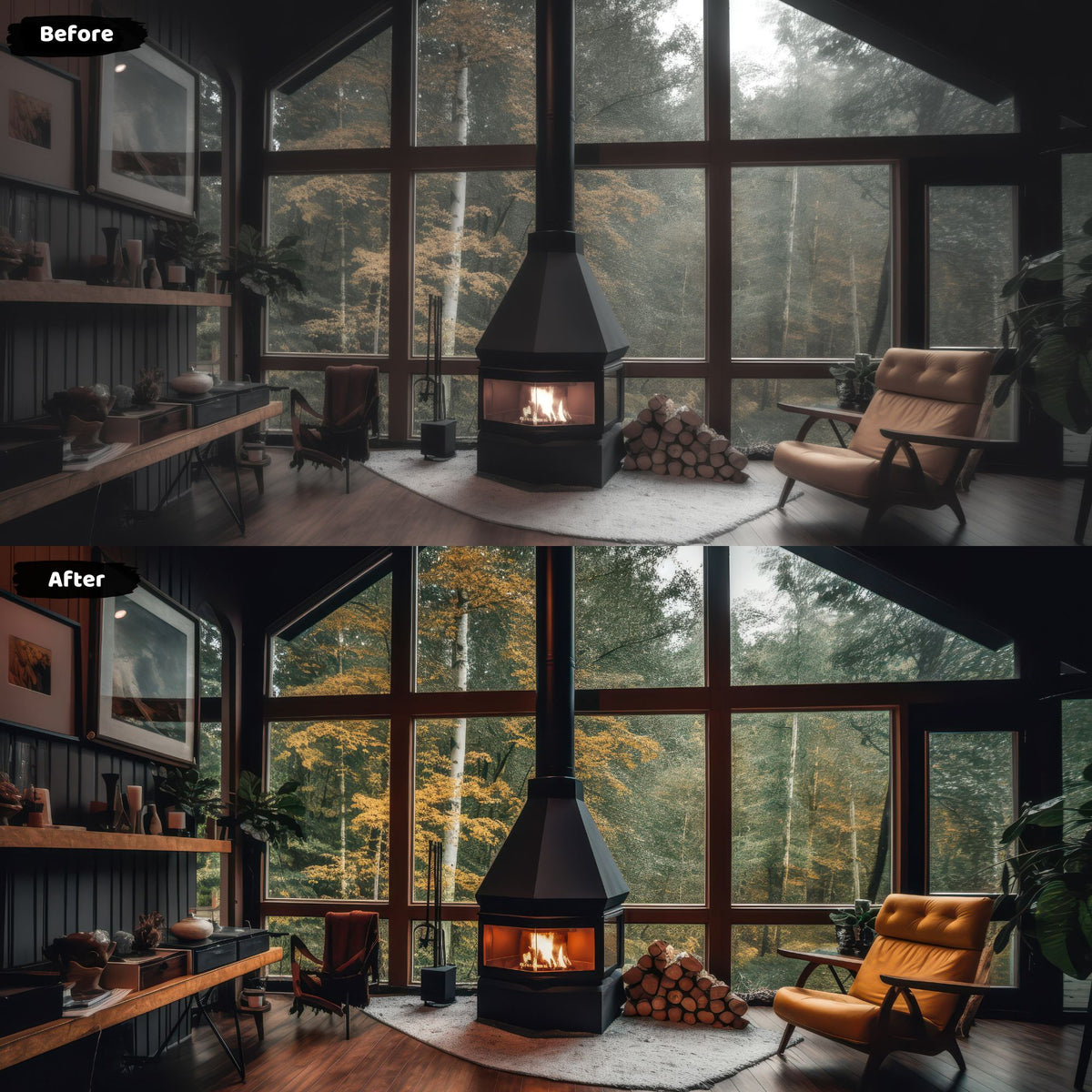 Before and after comparison showing the impact of real estate lightroom presets on a cozy cabin interior with large windows, a central fireplace, and autumn forest views.