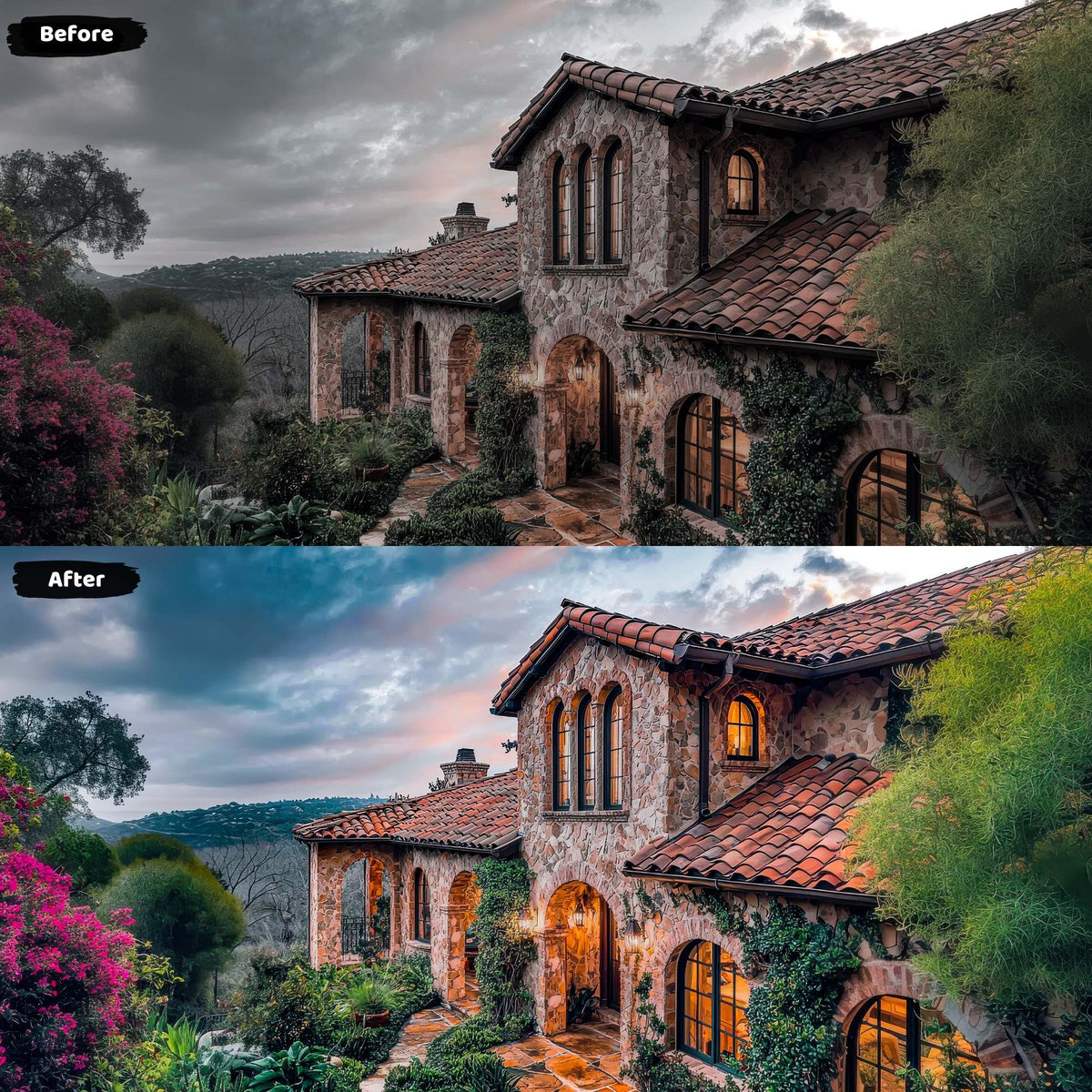 Mediterranean villa exterior optimized using real estate Lightroom presets, highlighting the rustic stone facade and warm evening ambiance.