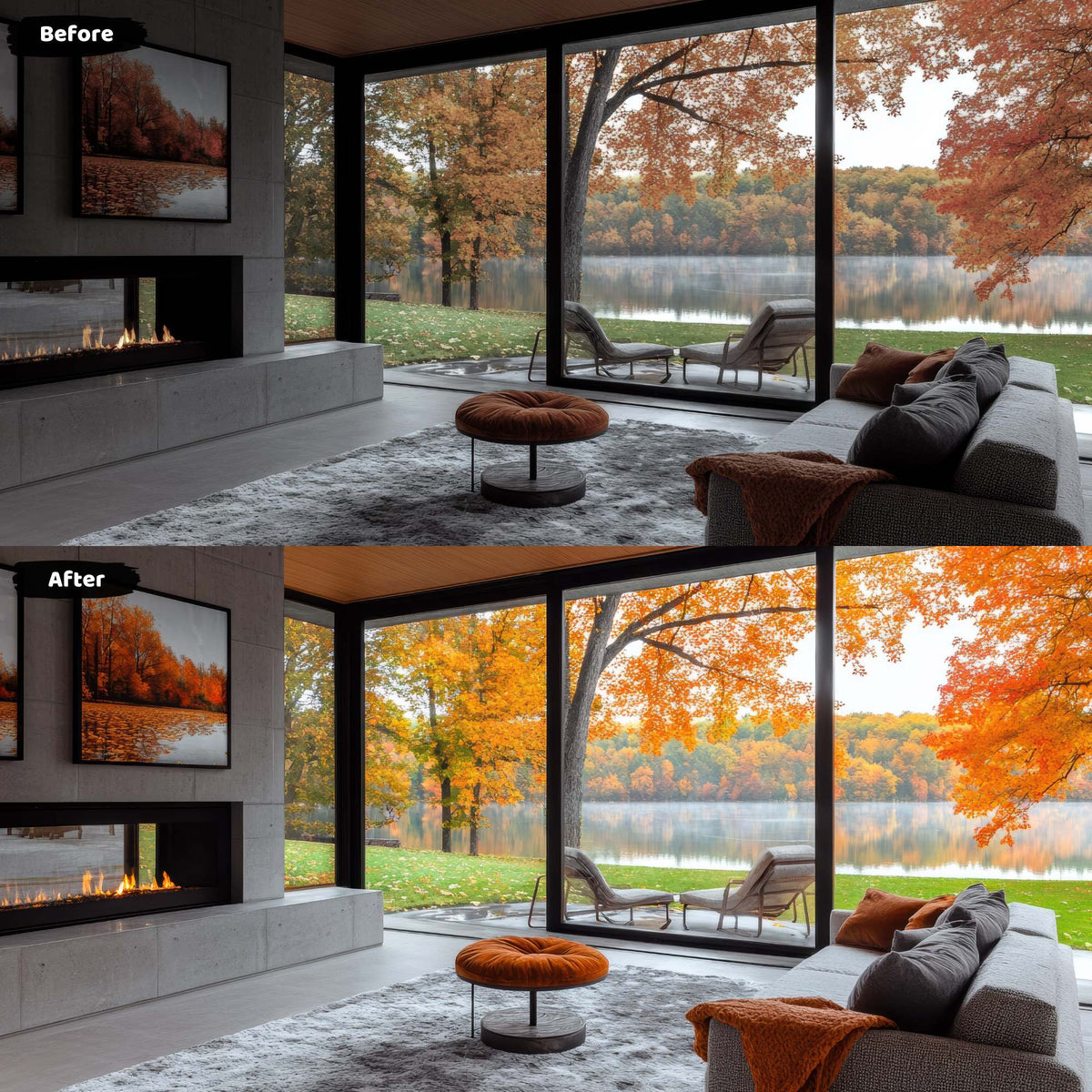 Modern lakeside living room with floor-to-ceiling windows, enhanced with real estate Lightroom presets, showcasing vibrant autumn colors and serene lake views.