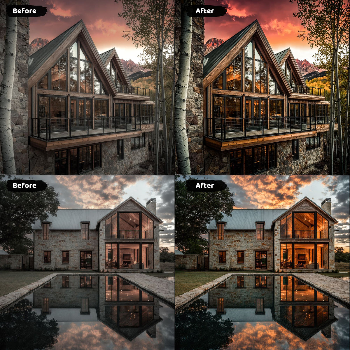 Real estate lightroom presets enhancing the appeal of a mountain cabin with large windows and scenic views.