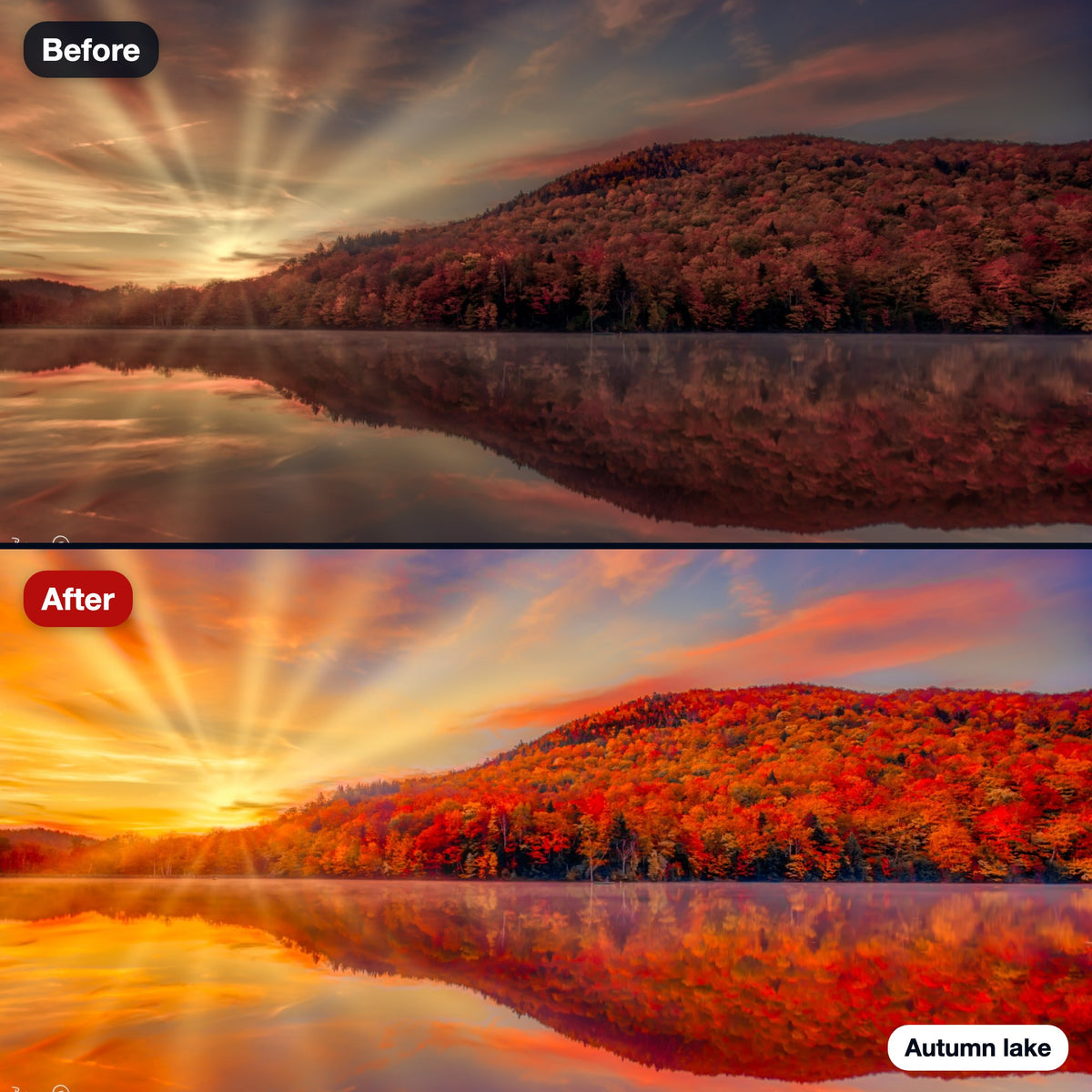 Before and after: an autumn lake at sunrise