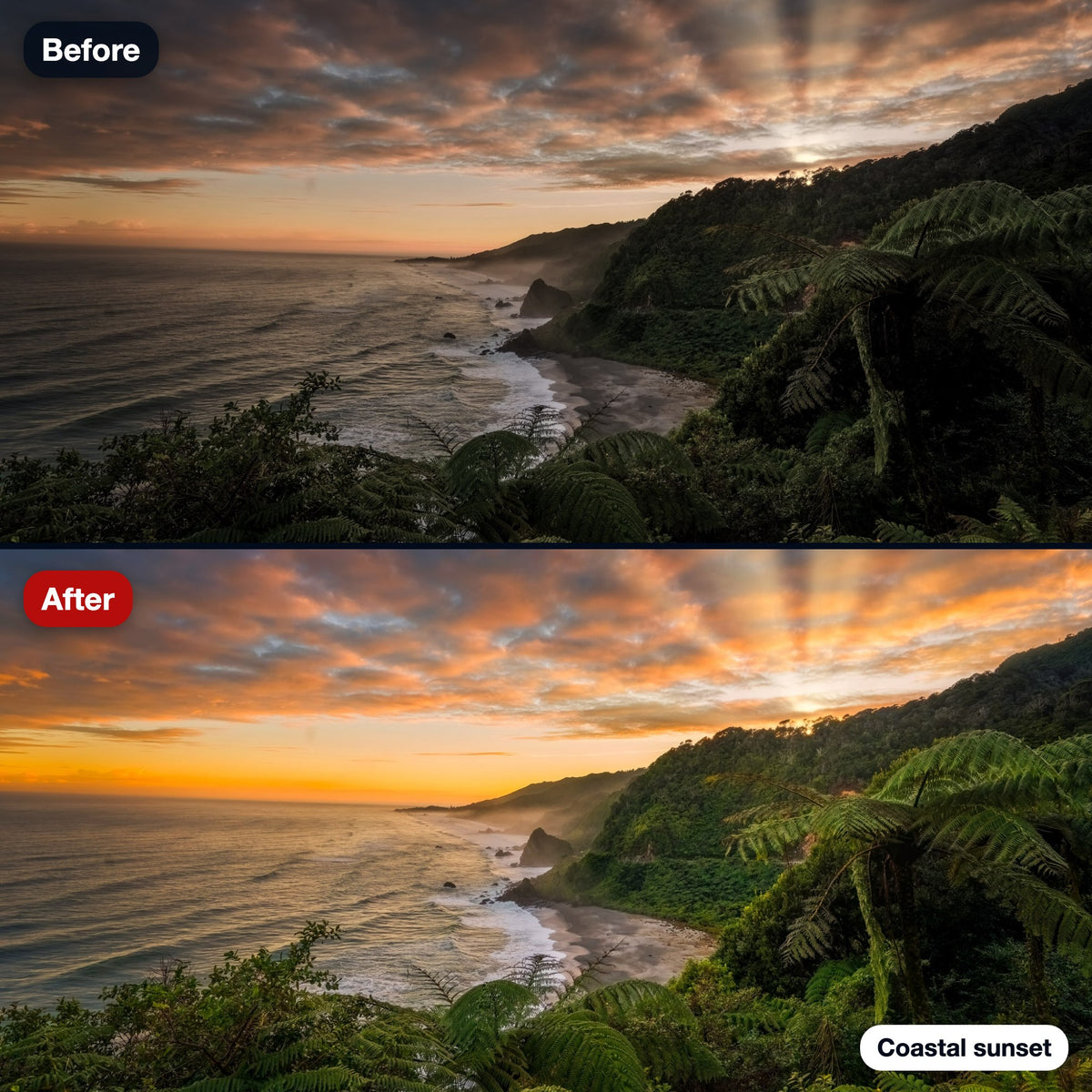 Before and after: a coastal sunset