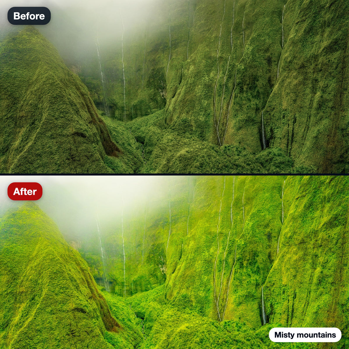 Before and after: misty green mountains