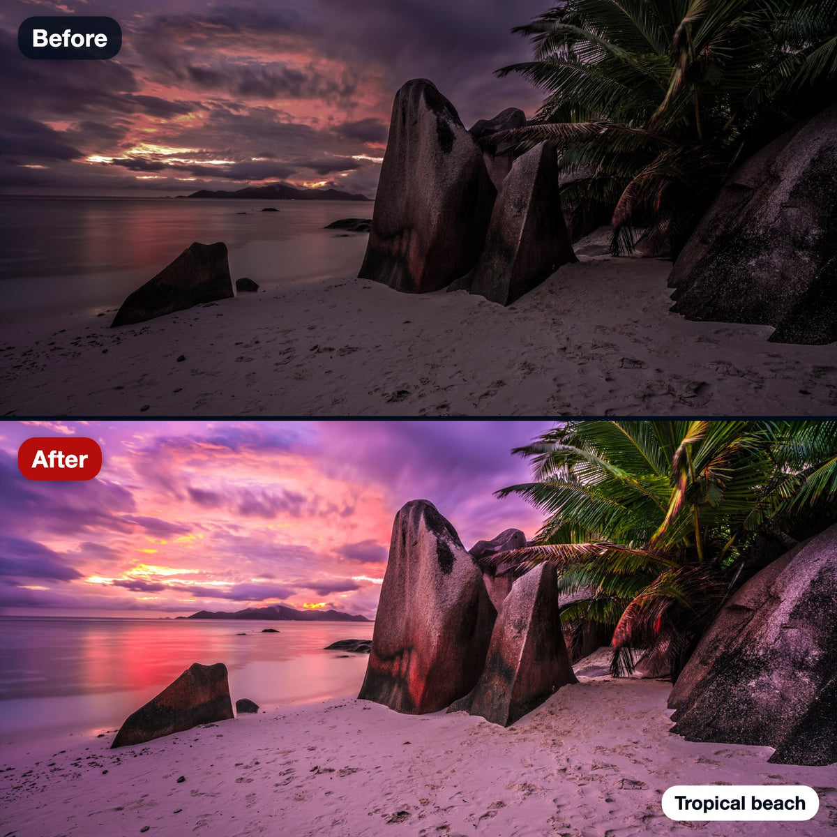 Before and after: a tropical beach at sunset