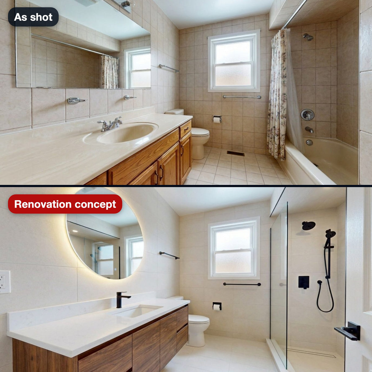 Renovation concept: a dated bathroom and the same bathroom with new tiles, vanity and a walk-in shower, labeled as a concept