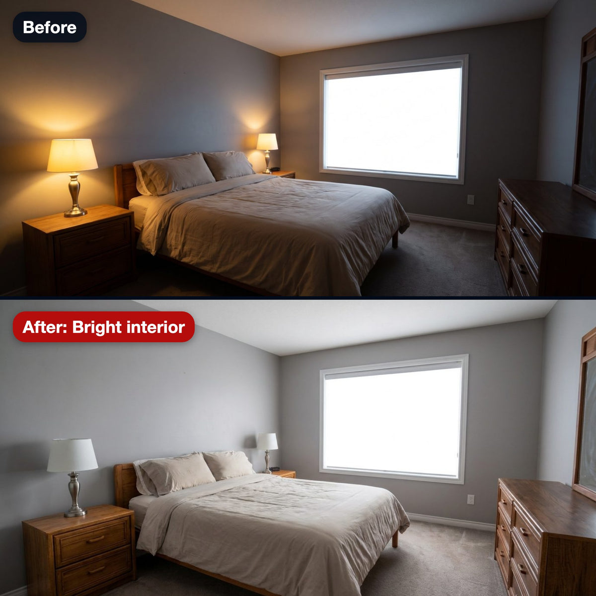 Before and after: a dark bedroom brightened, the walls, window and view kept
