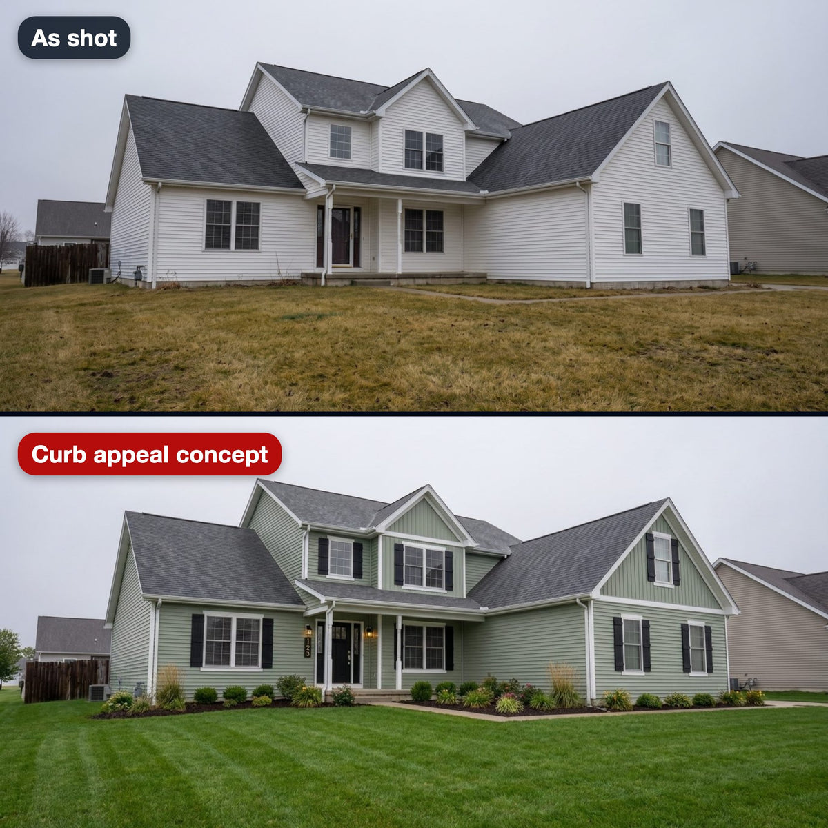Renovation concept: the front of a house as shot and the same house with new paint, shutters, lights, planting and lawn, labeled as a concept