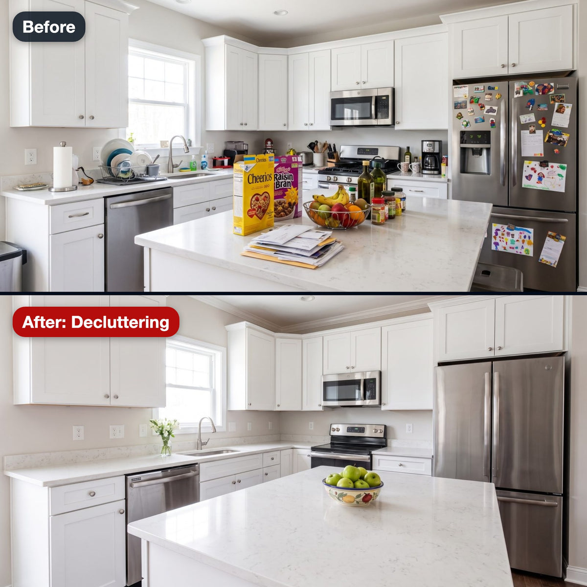 Before and after: a cluttered kitchen counter cleared