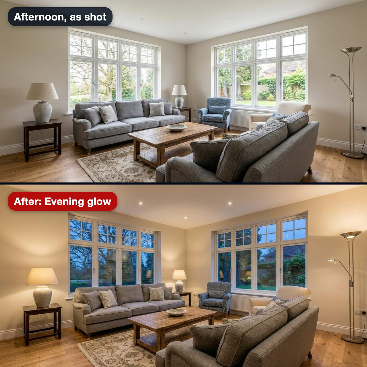 Before and after: a living room photographed in the afternoon and the same room in the evening, only the lamps and the sky changed