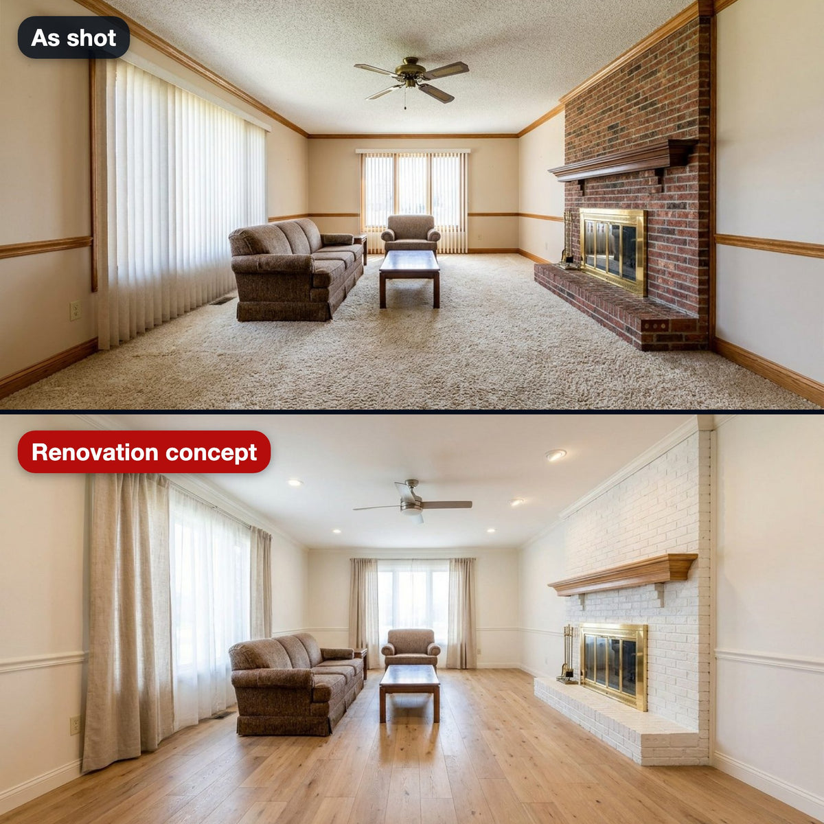 Renovation concept: a dated living room and the same room with oak floors, a white-painted fireplace and a flat ceiling, labeled as a concept
