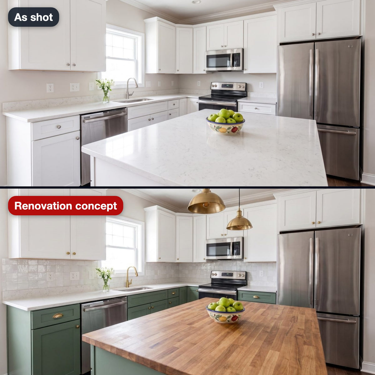 Renovation concept: the same kitchen with new cabinets, worktops and lighting, labelled as a concept