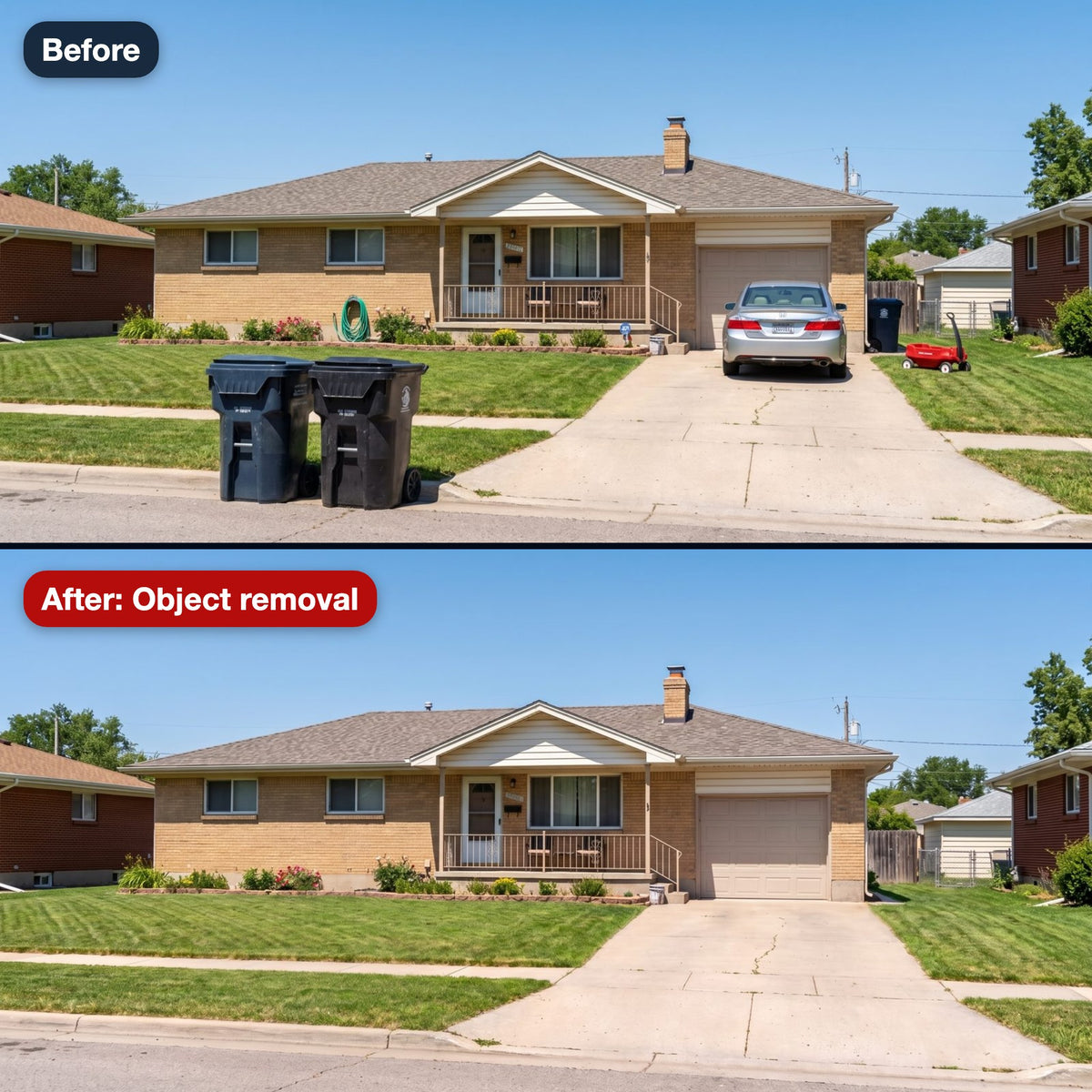 Before and after: bins and a parked car removed from the front of a house