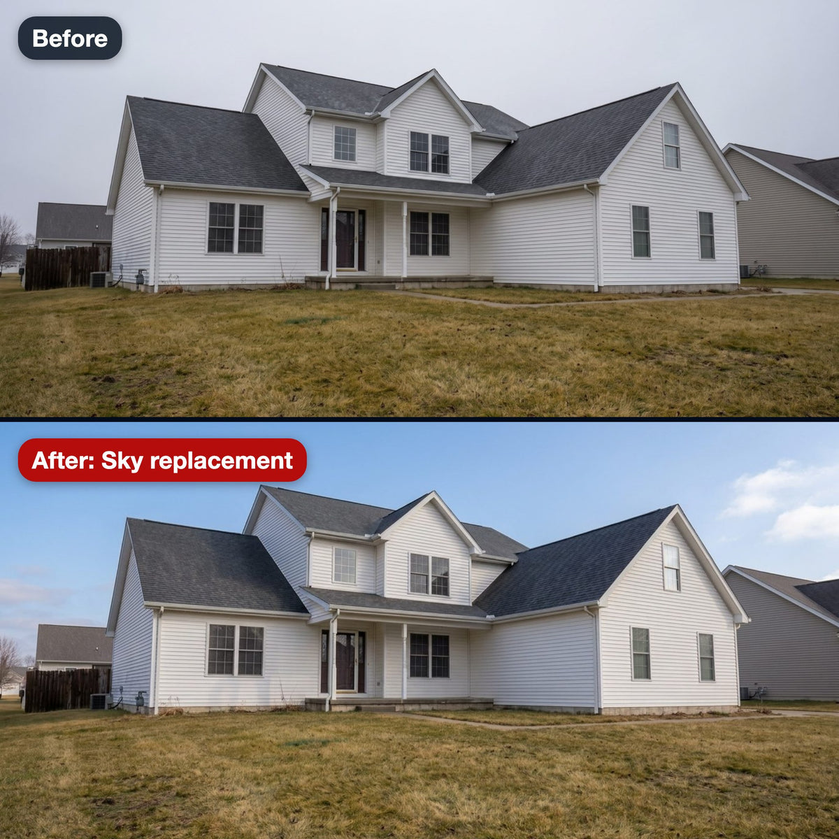 Before and after: a grey sky replaced with a clear blue one, the lawn kept as shot