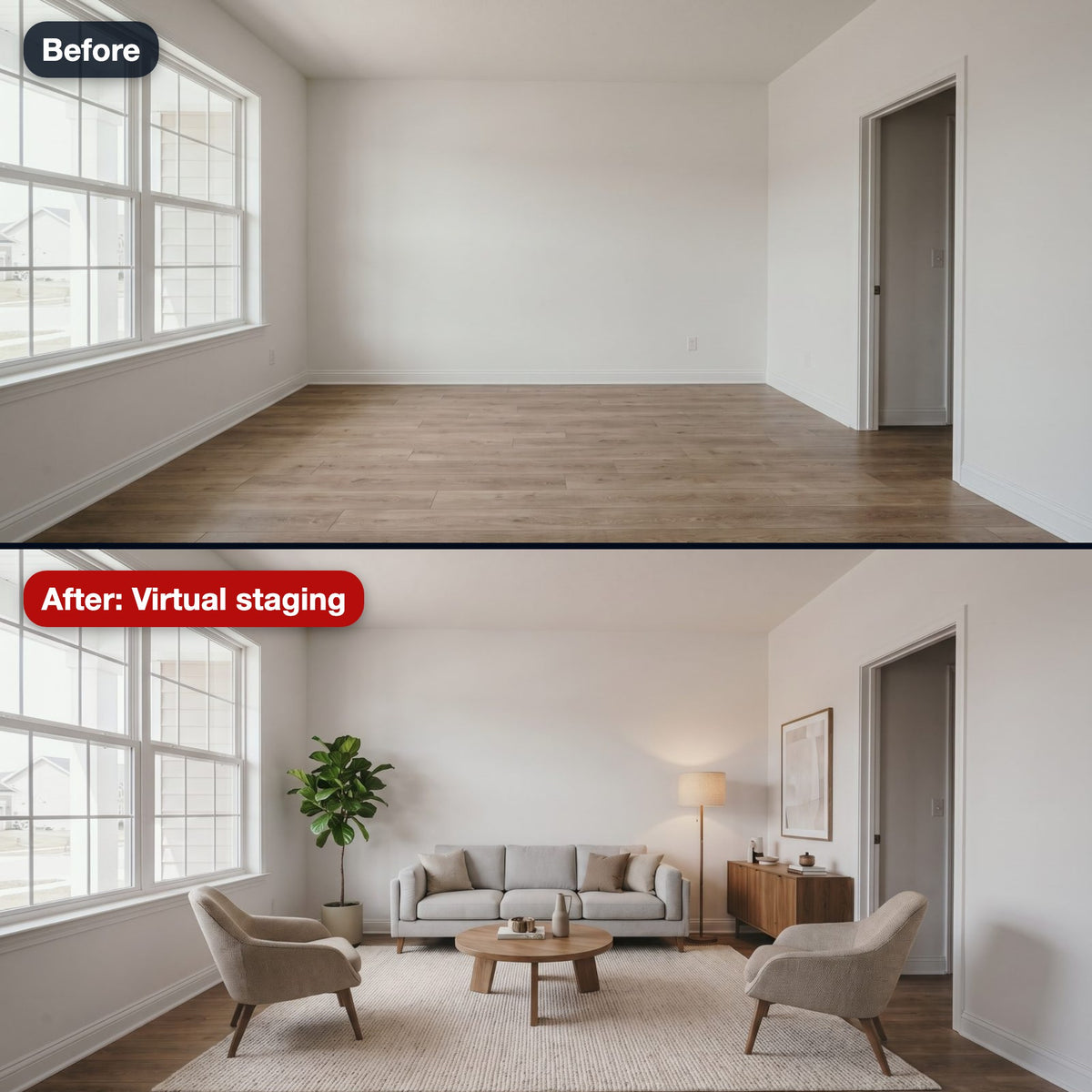 Before and after: an empty room virtually staged