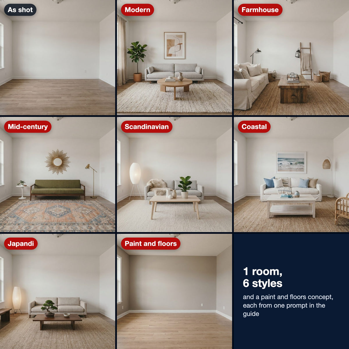 Design concepts: one empty room as shot and in 6 styles, and a paint and floors concept