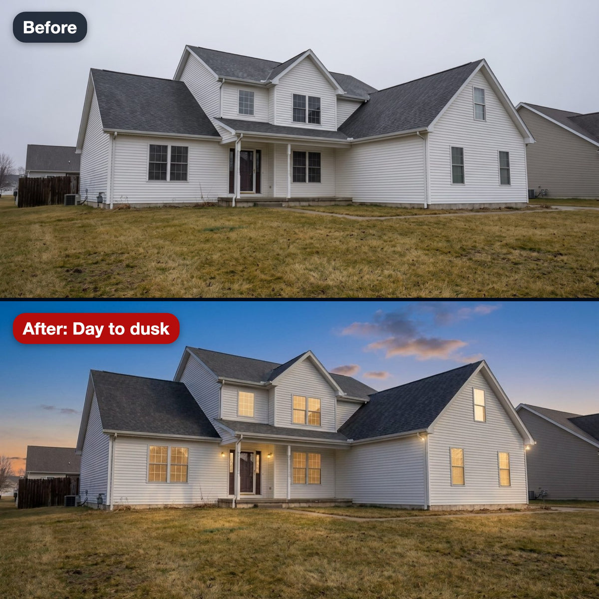 Before and after: a daytime exterior turned into a twilight shot, the lawn kept as shot