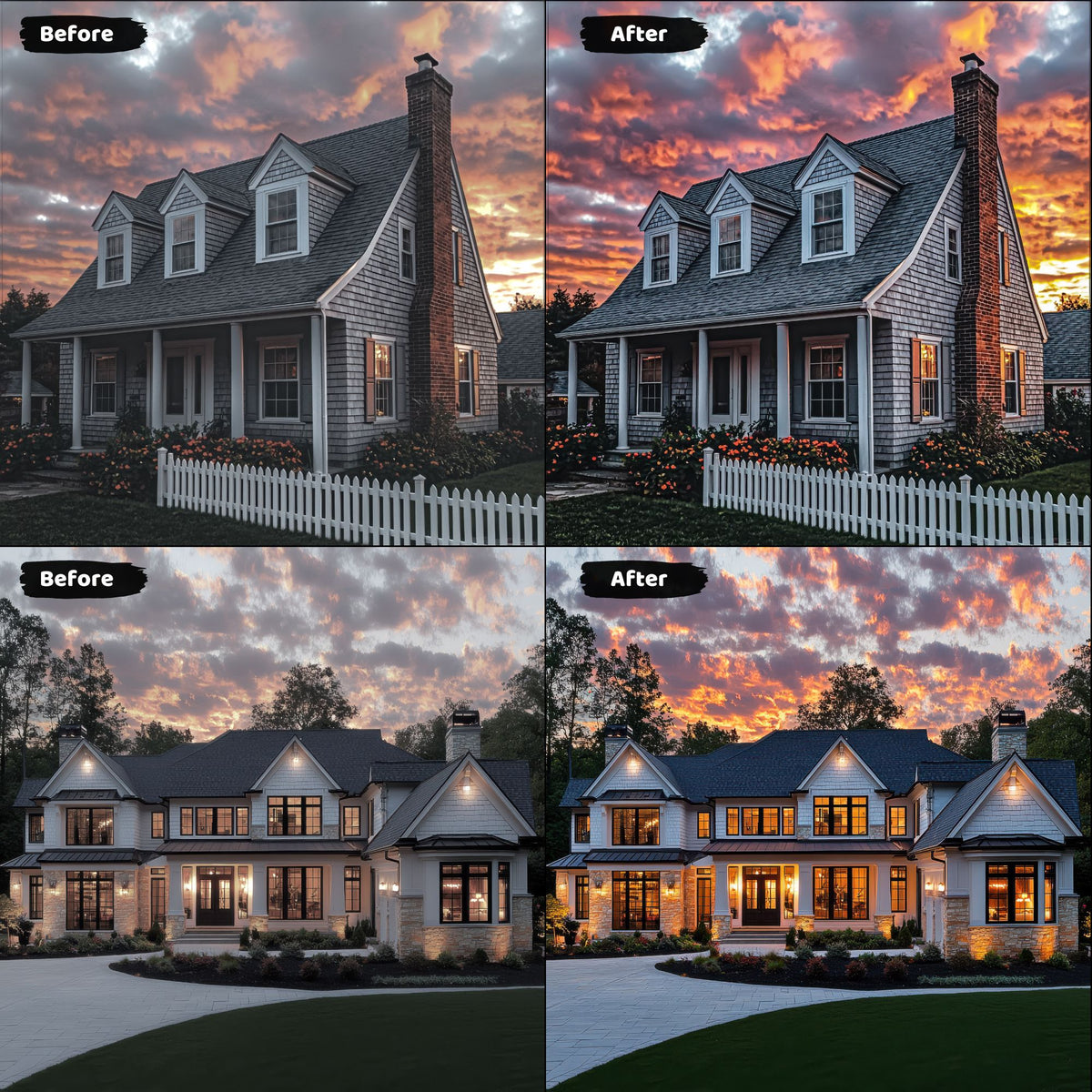 Cape Cod style house exterior enhanced with real estate lightroom presets, showcasing vibrant colors and improved curb appeal.