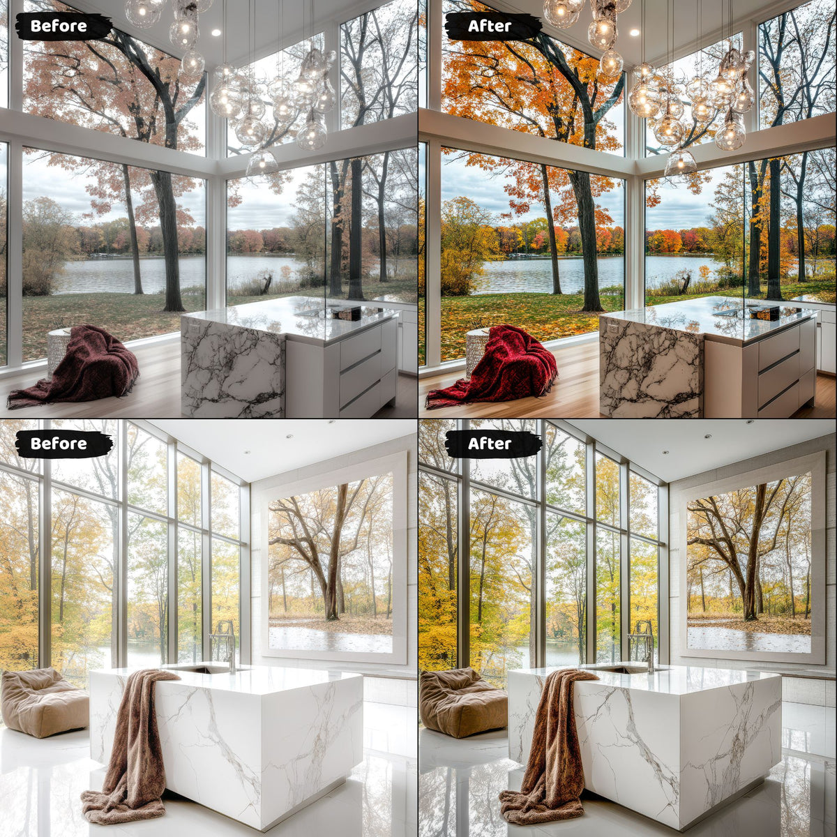 Luxurious lakeside kitchen view enhanced with real estate lightroom presets, showcasing autumn colors and expansive windows.