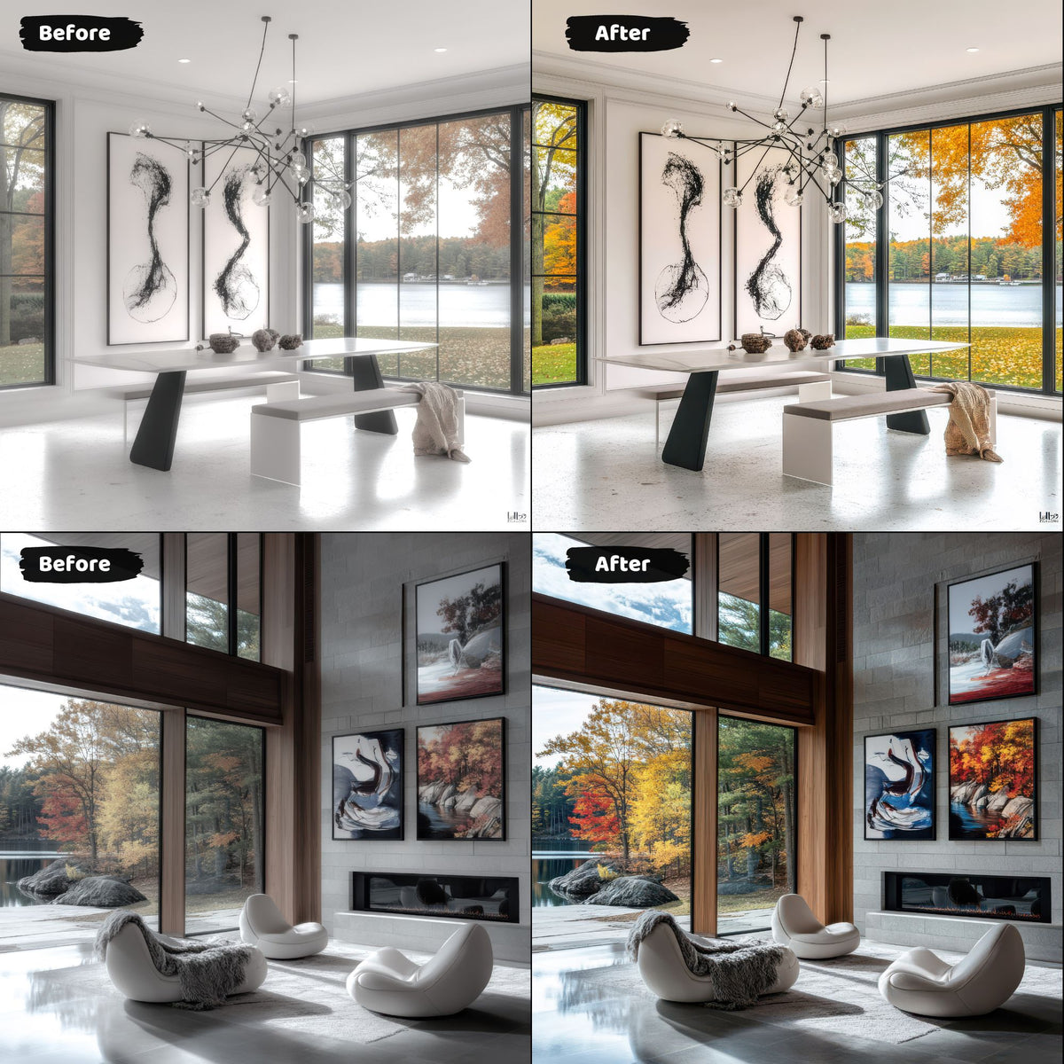 Before and after comparison of real estate lightroom presets enhancing lakeside living rooms with large windows and autumn views.