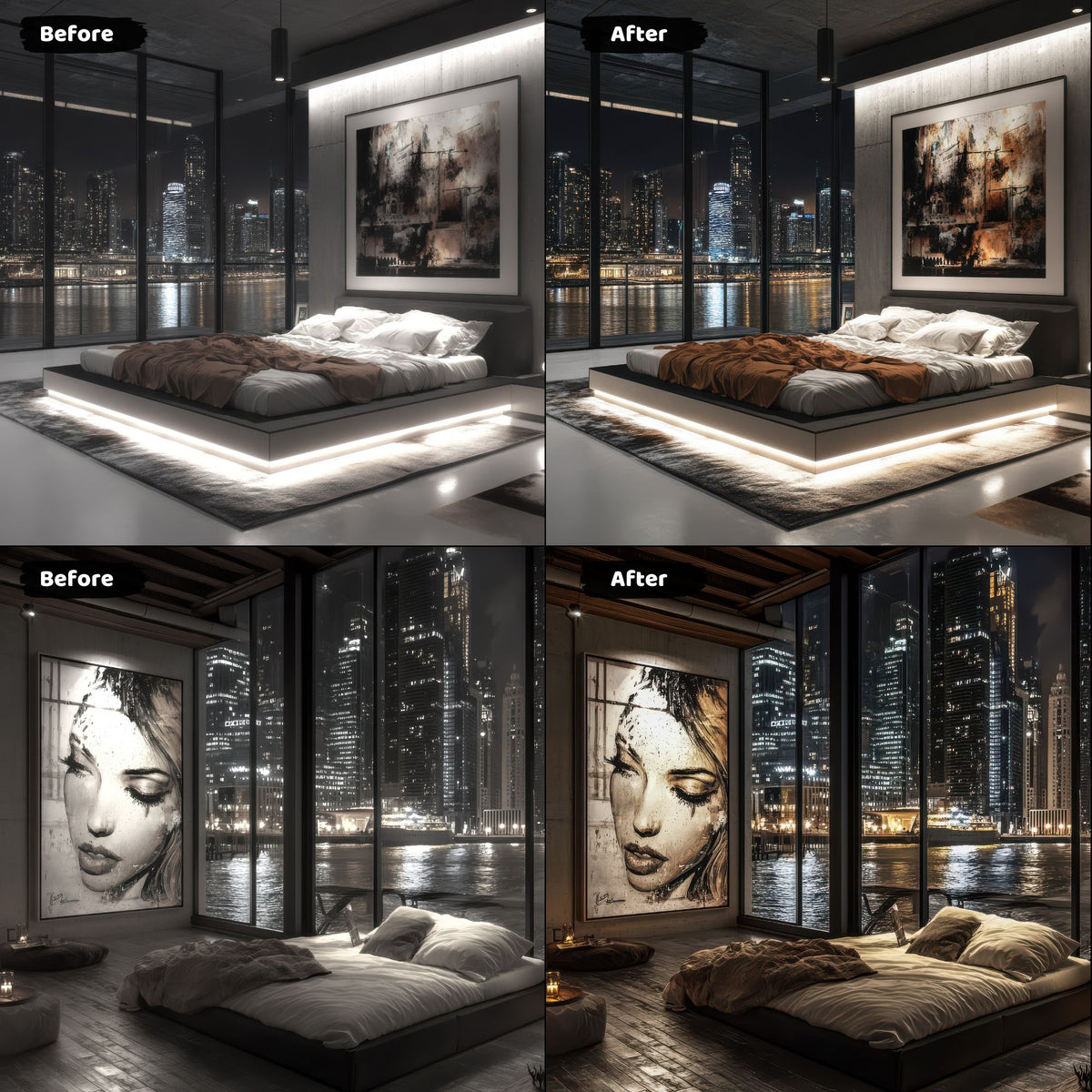 Real estate lightroom presets dramatically improving urban bedroom scenes with city skyline views and modern artwork.