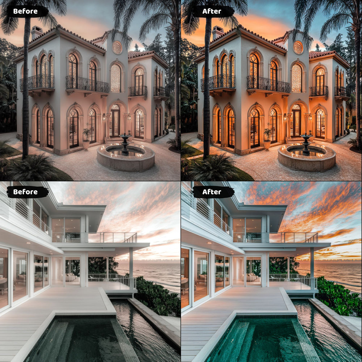 Before and after images showcasing the impact of real estate lightroom presets on a Mediterranean-style villa and modern beachfront property.