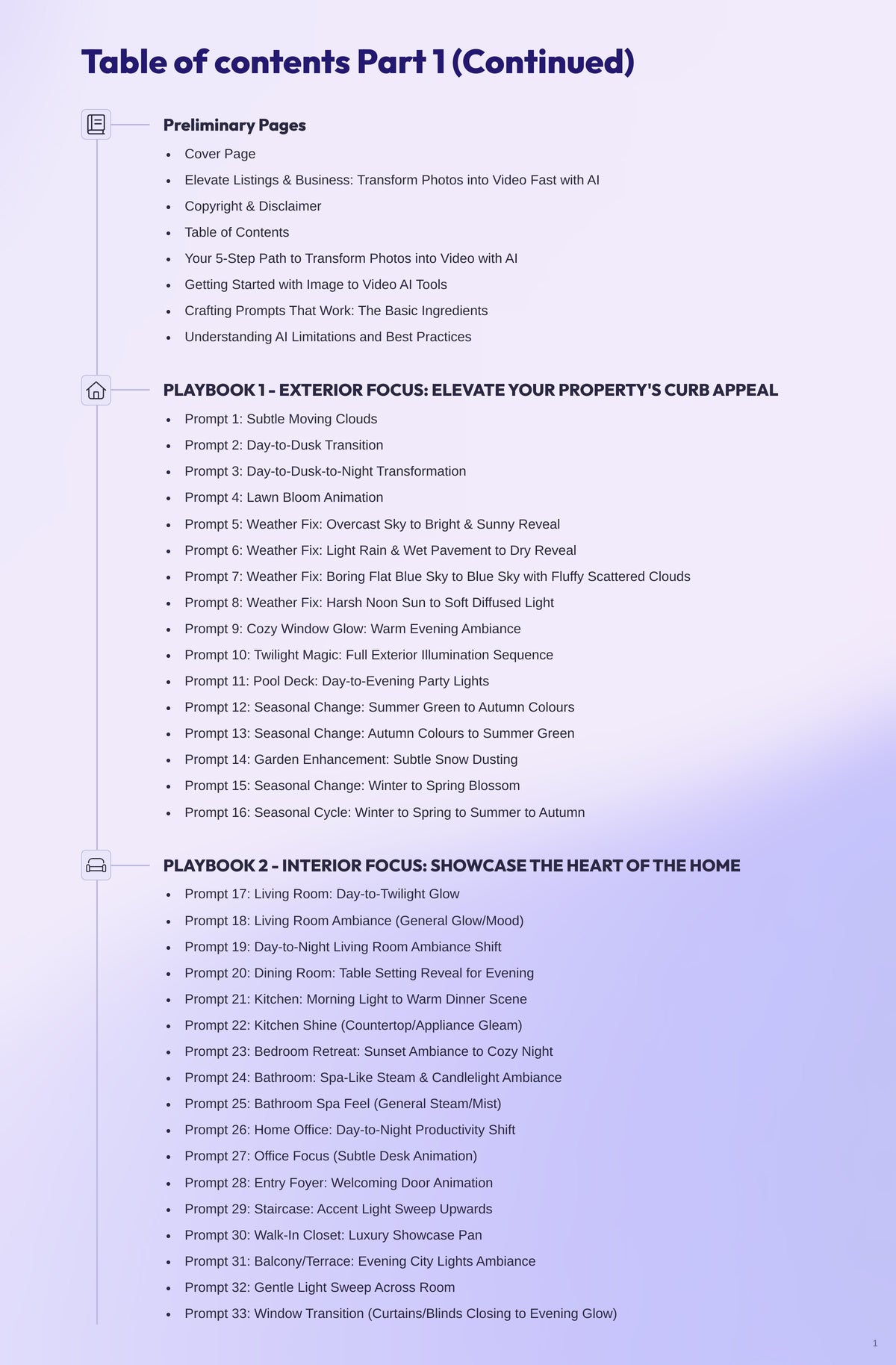 Table of Contents (Part 1) for Eyegusto&#39;s 50+ AI Image-to-Video Prompt Toolkit for real estate, showcasing exterior and interior prompts.