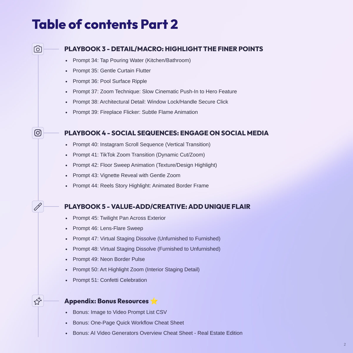Table of Contents (Part 2) for Eyegusto&#39;s 50+ AI Image-to-Video Prompt Toolkit for real estate, featuring detail, social, and creative prompts.