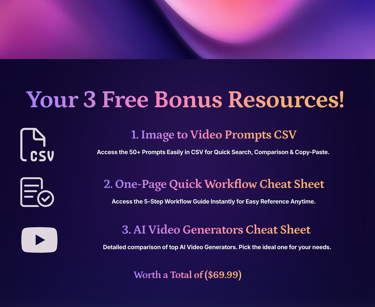 Eyegusto&#39;s AI Video Prompt Toolkit: Includes 3 free bonus resources - CSV prompt file, workflow cheat sheet, and AI tools guide.