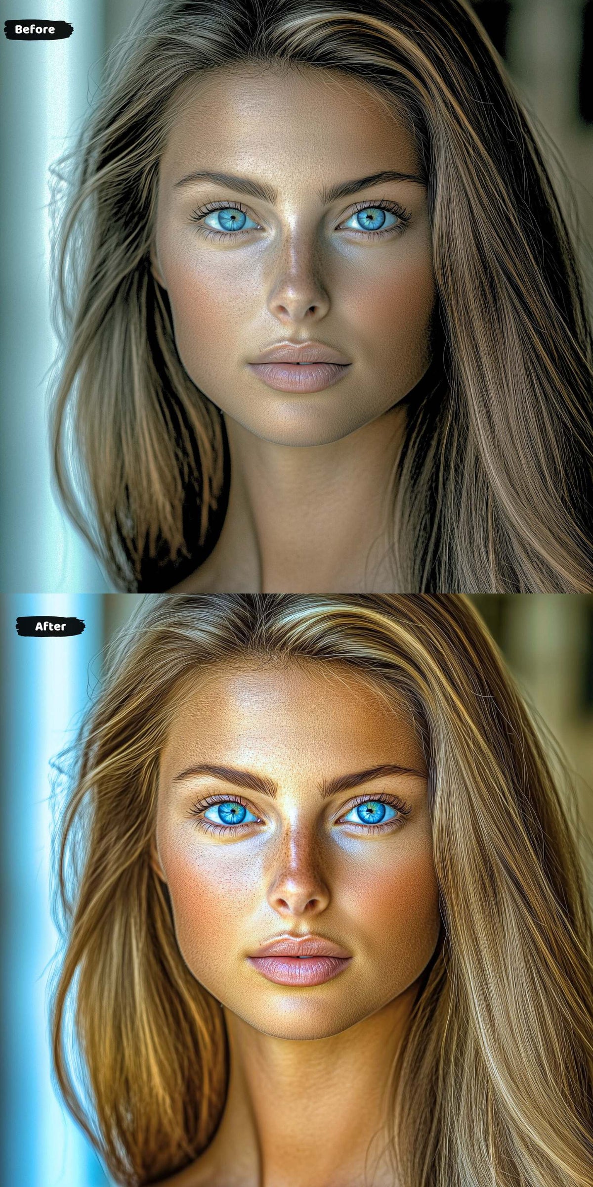 Glamour-style portrait showcasing Lightroom preset&#39;s ability to enhance makeup and skin glow