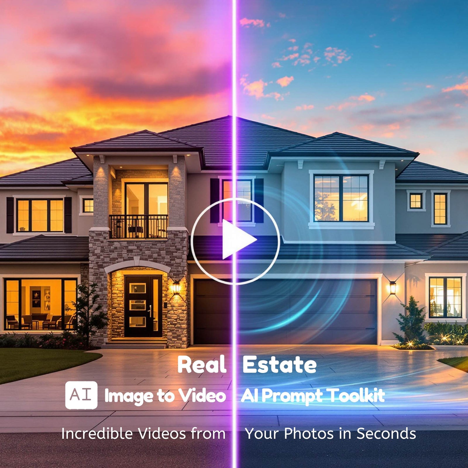 Cover image for Eyegusto's AI Image-to-Video Prompt Toolkit for real estate professionals, showing a house transforming from day to night.