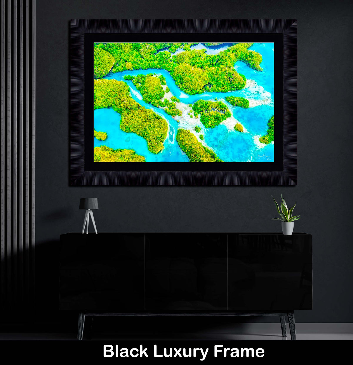 Aerial Tropical Luxury Framed Wall Art Print Aqua Turquoise Green Pathways