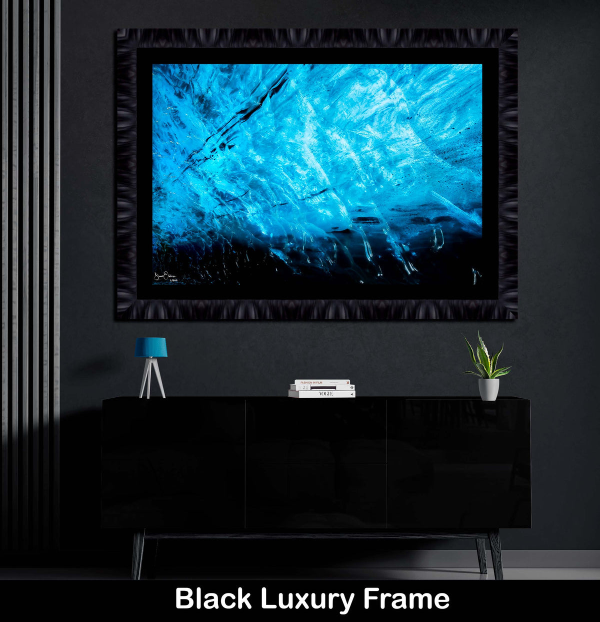 Black Large Abstract Framed Wall Art Print Blue Frozen Ice Minimalist