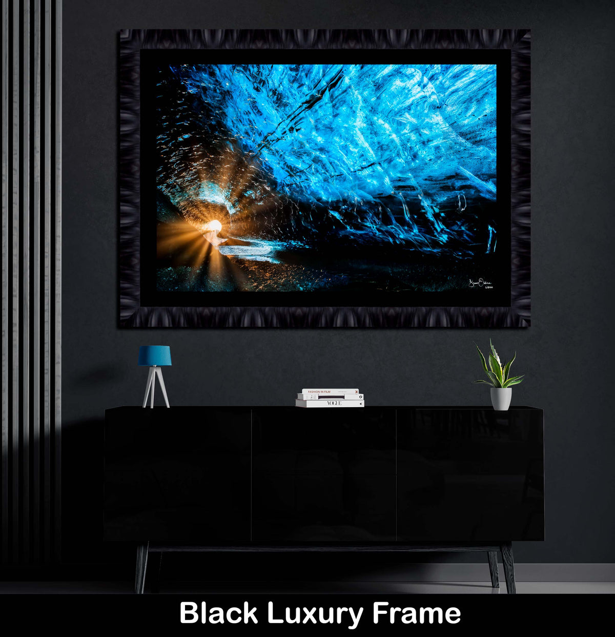 Black Luxury Framed Wall Art Print Warm Sun Rays Blue Ice Cave