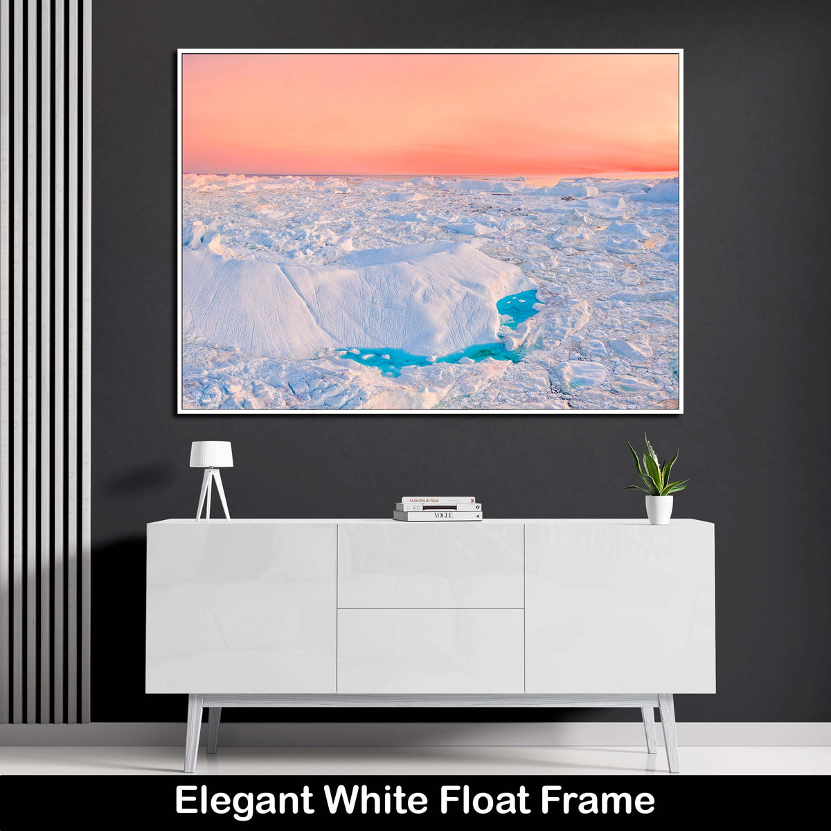 Blue-Ice-Pink_Sunset-Winter-Landscape-Luxury-Wall-Art-Print-Midnight-Sun-Greenland-White-Float-Frame