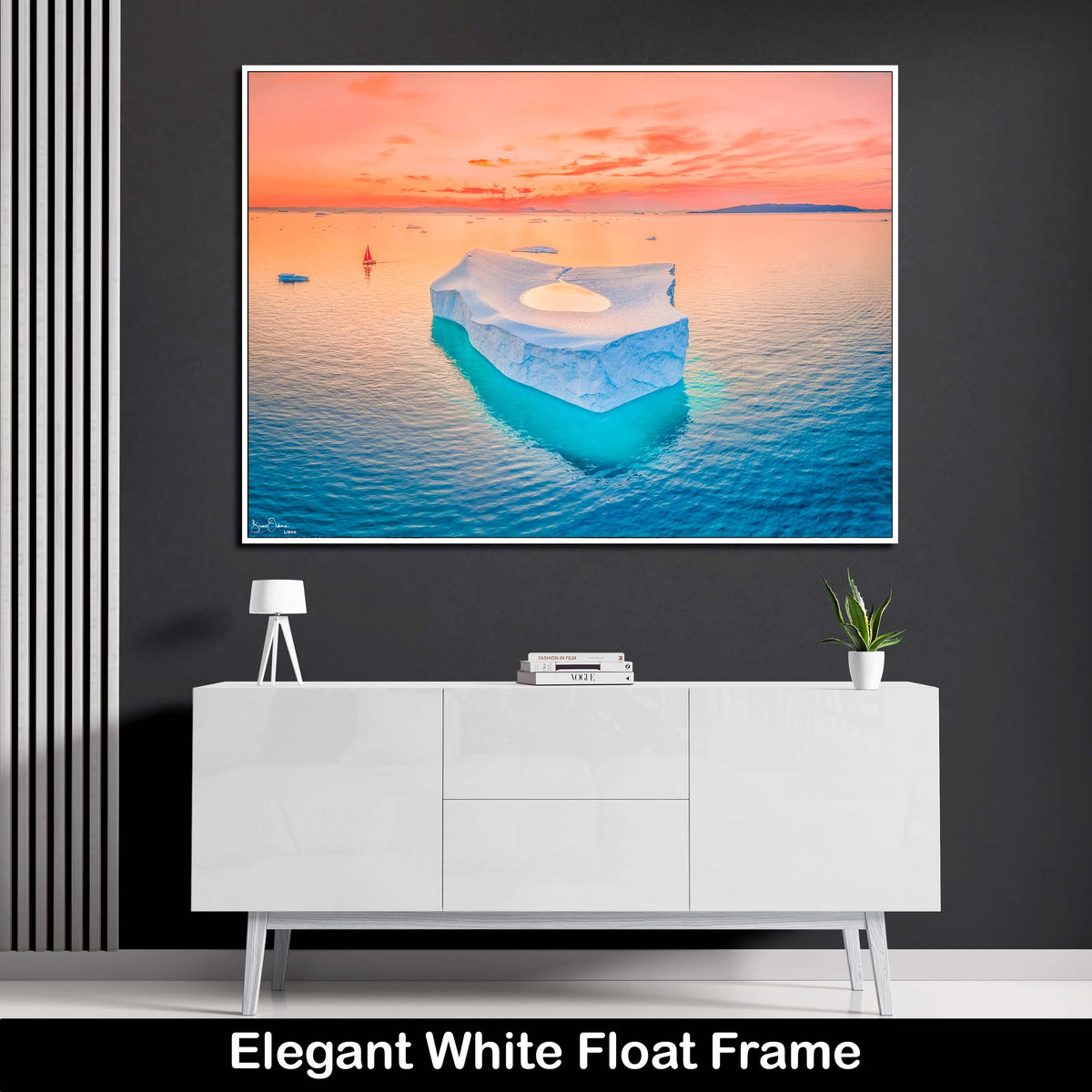 Blue-Winter-Sunset-Pink-Luxury-Wall-Art-Print-Iceberg-Lake-in-Greenland-White-Float-Frame