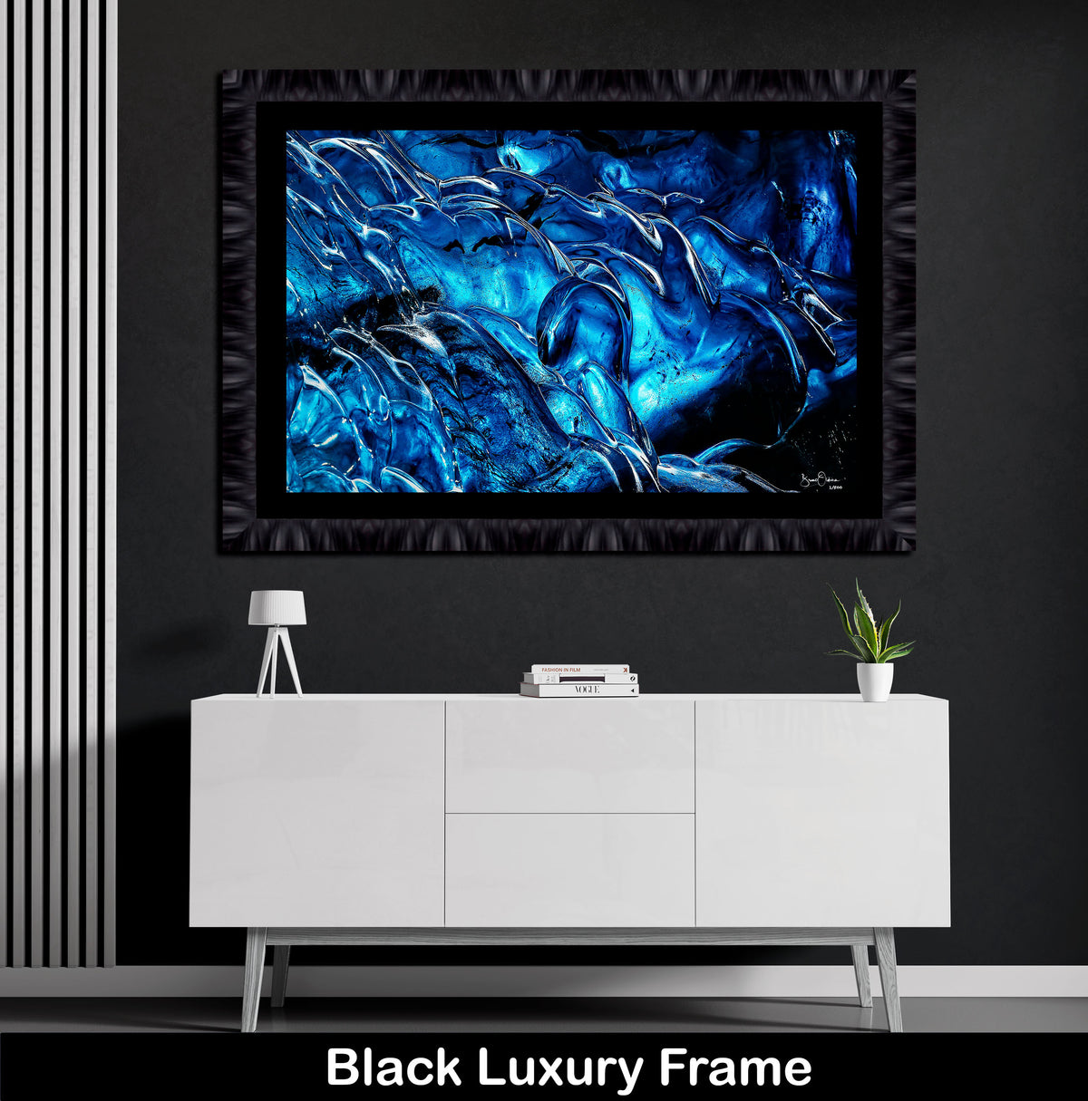 Blue Abstract Luxury Black Framed Wall Art Print Frozen Ice Forms Fine Art
