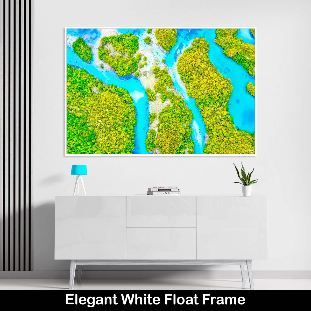 Nature-White-Float-Frame-Wall-Art-Aqua-Green-Trees-Aerial
