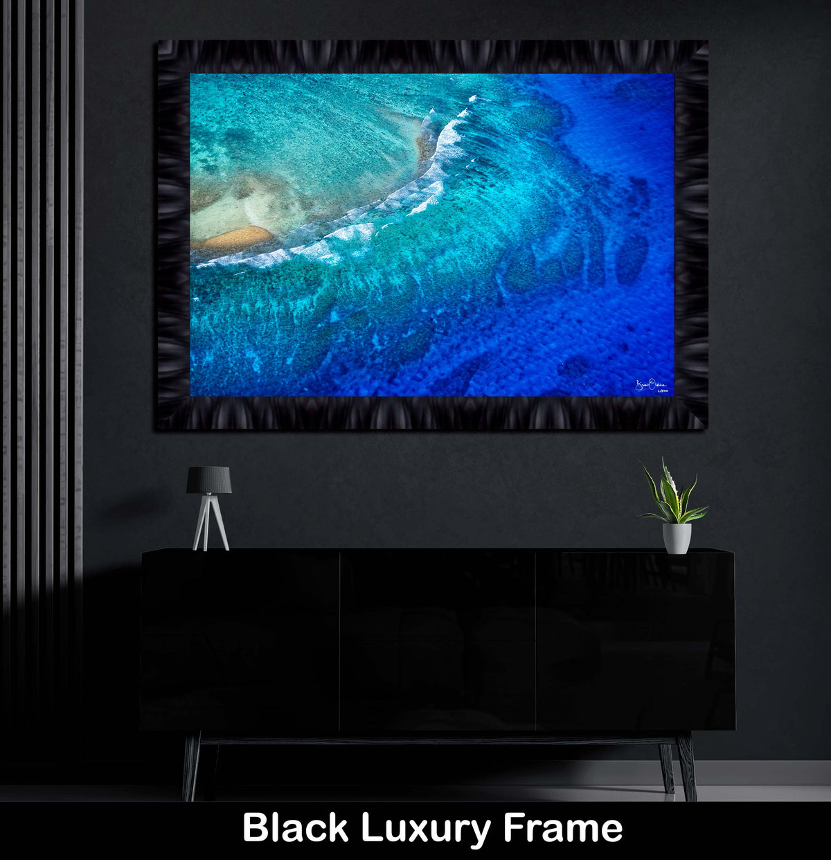 Ocean Blue Luxury Framed Wall Art Print Coral Reef Aerial