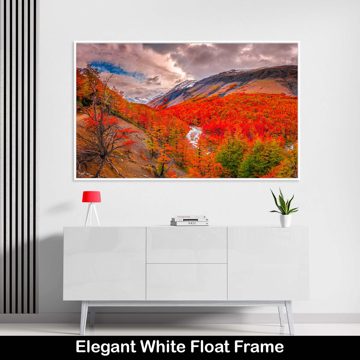 Orange-Red-Trees-Fall-Wall-Art-Luxury-Patagonia-Autumn-Collection-White-Float-Frame