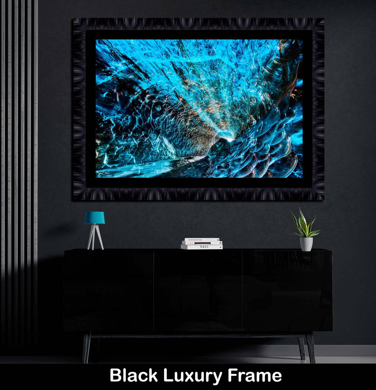 Sun Rays Blue Ice Cave Luxury Black Framed Wall Art